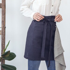 Linen Waist Apron for Women, Bistro Apron with a Pocket in the Front, Organic Half Apron, Short Apron in Blue, Green, Grey or Other Color