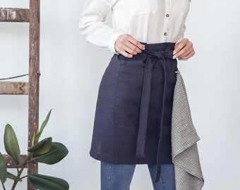Linen Waist Apron for Women, Bistro Apron with a Pocket in the Front, Organic Half Apron, Short Apron in Blue, Green, Grey or Other Color