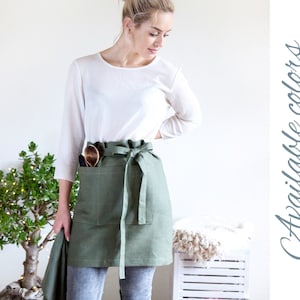 Short Waist Apron, Waitress Apron, Half Apron with Pockets, Unisex Kitchen Apron, Natural Linen Apron