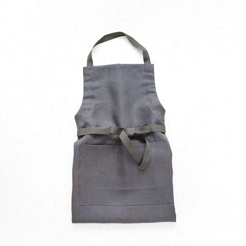 Slate grey linen gardening apron with pockets and long adjustable straps