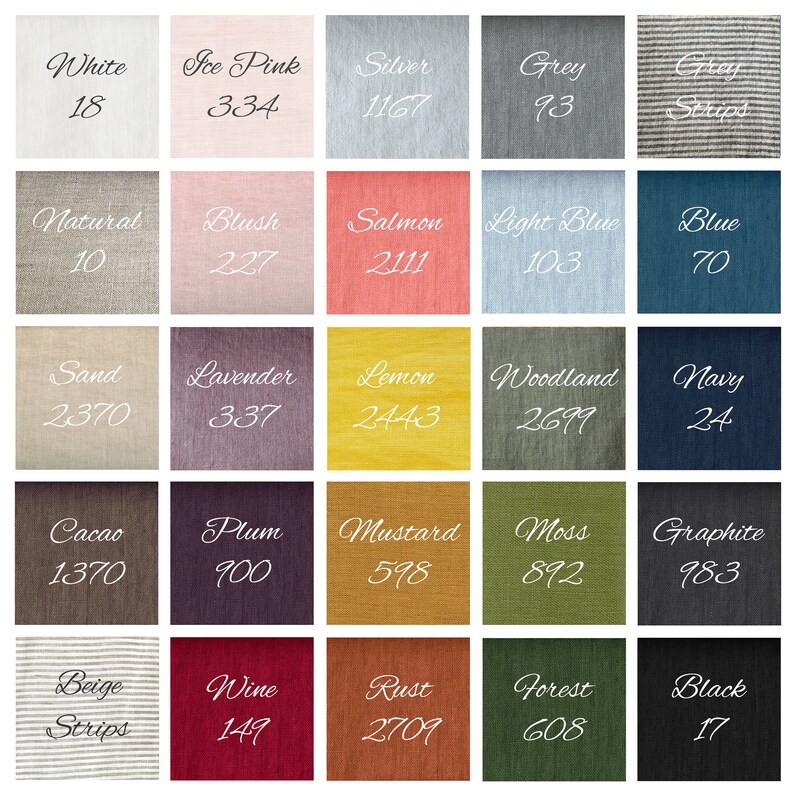May include: A color chart of 25 fabric swatches with corresponding names and numbers. The swatches are arranged in a 5x5 grid. The colors include white, ice pink, silver, grey, grey strips, natural, blush, salmon, light blue, blue, sand, lavender, lemon, woodland, navy, cacao, plum, mustard, moss, graphite, beige strips, wine, rust, forest, and black.