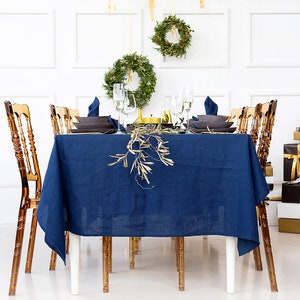 Washed Linen Tablecloth 25 COLORS, Stonewashed Tablecloth Mitered Corners, Navy blue linen tablecloth, Holiday Table Decor