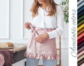 Short Waist Apron with Ruffles and Two Pockets, Linen Half Apron for Women, Custom Ruffled Apron, Various Colors Available: Pink, White, etc