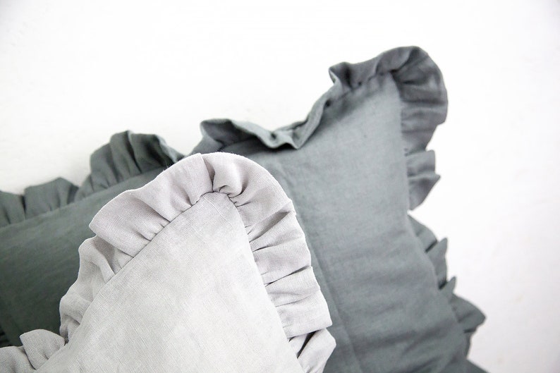 Silver grey linen pillow cases Set of 2  with ruffles stonewashed.