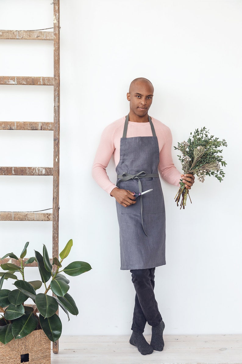 Slate grey linen gardening apron with pockets and long adjustable straps