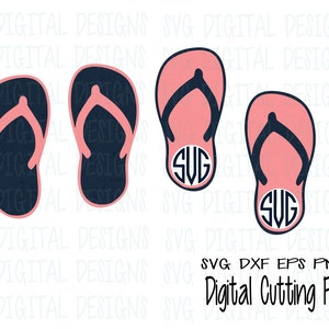 Puede incluir: Un archivo de corte digital con cuatro pares de chanclas en un diseño plano. Las chanclas son en tonos rosa y azul marino. Dos pares tienen las letras "SVG" en un círculo. También está presente el texto "SVG DXF EPS PNG Digital Cutting File".