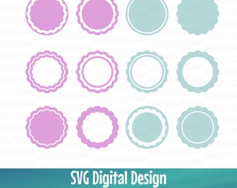Marcos de monogramas circulares SVG, archivos de corte SVG, archivos de corte SVG, DXF y EPS para Silhouette, Cricut y más, juego de marcos de monogramas circulares festoneados
