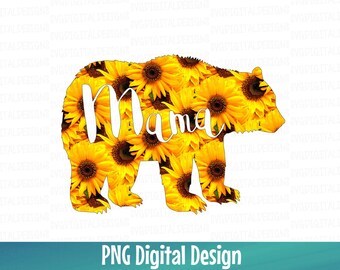 ママベアひまわりPNGファイル、マザーベア即時ダウンロード、昇華プリントデザイン、デジタル印刷可能な昇華プリントファイル、Tシャツ用.PNGファイル