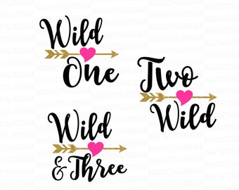 Wild Birthday SVG Set, Wild One, Two Wild, Wild and Three Cutting file for Silhouette Cricut, Svg Dxf Eps Cut files Arrow Heart Design