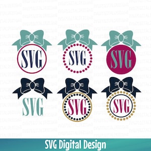 May include: A collection of SVG digital design graphics featuring bow accents and the letters "SVG" within circular frames. The designs showcase various color combinations, including teal, navy, burgundy, and gold, suitable for digital crafting projects.