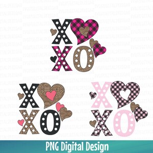 XOXO - Pink Buffalo Plaid Leopard PNG Set, Valentine Herzen Digital Download Sublimationsdatei, Valentine PNG Datei Bundle