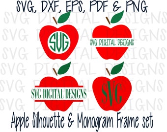 Apple SVG Monogram & Silhouette Cut Files, Digital Designs Clipart Cutting files for Silhouette, Cricut CUTTABLE Teacher SVG file Designs