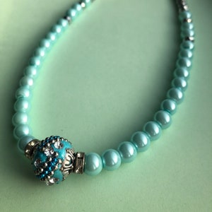Pale blue glass pearl and silver rondelle beaded necklace with centre feature bead, one-off design, magnetic clasp, UK shop