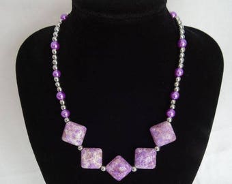Chunky purple beaded necklace with silver-plated hematite beads, one-off design, magnetic clasp, UK