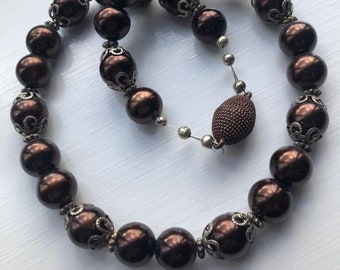 Brown glass pearl beaded necklace with silver-plated bead-caps and matching stud earrings (optional), magnetic clasp, UK shop