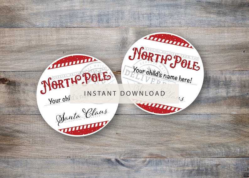 May include: Two red and white circular printable gift tags with the text "SPECIAL DELIVERY FROM THE NORTH POLE" and "Your child's name here!"  The tags have a red and white striped border and a red star pattern.