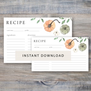 Printable Pumpkin Recipe Cards, Fall Floral Design (digital Download ...