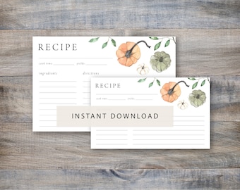 Printable Pumpkin Recipe Cards, Fall Floral Design (Digital Download)