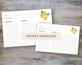 May include: Printable recipe cards with a lemon illustration. The cards have lines for writing the recipe name, ingredients, and directions. The text "INSTANT DOWNLOAD" is printed on the cards.