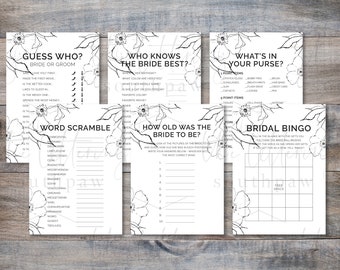 6 Bridal Shower Games, Black White Printable Bridal Shower Games, Instant Download, Floral Bridal Shower Games, Bridal Party Games Bundle