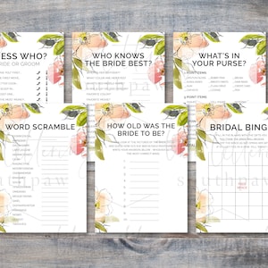 Printable Bridal Shower Games, 6 Bridal Shower Games, Instant Download, Games Bundle, Floral Bridal Shower Games, Bridal Shower Games Bundle