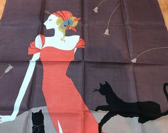Vintage Japanese Handkerchief Old Fashion retro lady and black cats