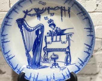 Vintage Narumi Japan Raymond Peynet blauw-witte Les Amoureux Romance harp- en pianoplaat