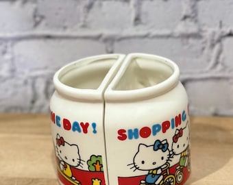 Rare Vintage Sanrio Hello Kitty Shopping Day & Telephone Mug Set - 1976 Japan Ceramic Half-Round Cups