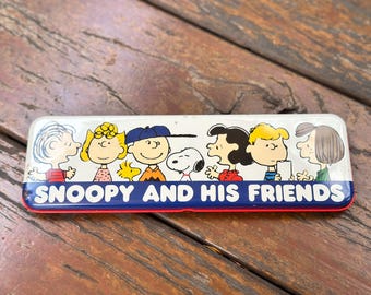 Vintage Snoopy and His Friends Metal Pencil Case Rare Sanrio Hallmark Peanuts Tin - Made in Japan 1950s/60s Style