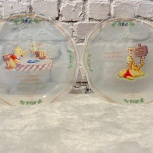 May include: Two clear, scalloped-edge plates with Winnie the Pooh and friends illustrations. One plate shows Pooh and Rabbit at a table with text "Time for a snackful of Friendship." The other plate shows Tigger and Pooh with text "A favorite spot to sit and think."