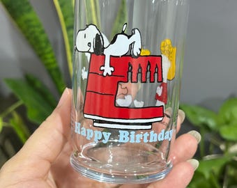 Vintage Snoopy and friends Glass Tumbler Happy Birthday