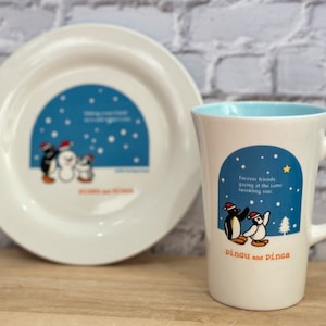 2005 Pingu the Penguin Mr. Donut mug and small plate