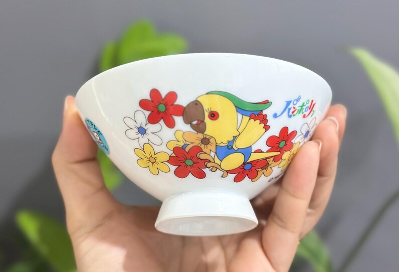 Pu&ograve; includere: Ciotola in ceramica bianca con un colorato design di pappagallo e fiori. La ciotola presenta un pappagallo giallo, blu e verde circondato da fiori rossi, gialli e bianchi. &Egrave; visibile anche del testo giapponese.