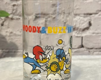 Vintage Woody Woodpecker and Buzz in tennis tumbler glass