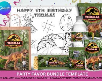 May include: A party favor bundle template for a 5th birthday party with a dinosaur theme. The template includes a gift bag, chip bag, rice krispie treat, fruit snacks, Capri Sun, activity placemat, and water bottle labels. The labels feature a green dinosaur with the name "Thomas" and the text "5th Birthday".
