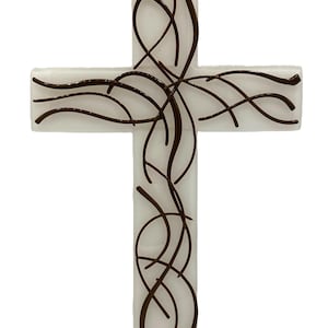 Handmade White Glass Cross with Brown Accents