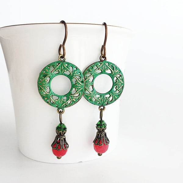 Boho Lace Earrings, Lace Filigree Earrings, Green and Red Drop Earrings, Rustic Patina Gypsy Jewellery