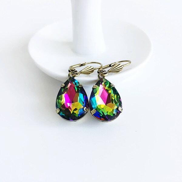 Rainbow Dangle Earrings, Vitrail Glass Jewel Earrings, Estate Style Colourful Teardrop Earrings