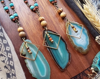 Seabreeze Green Beaded Agate Necklace, Stone Jewelry, Agate Stone, Gifts for Her, Beaded Necklaces, Agate Slice, Spring Jewelry, Bohemian