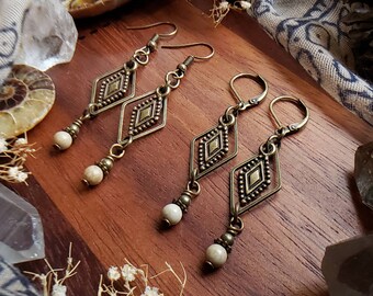 Small Picture Jasper and Bronze Marquise Earrings, Geometric Jewelry, Gifts for Her, Handmade Earrings, Vintage Style, Antique Style, Boho