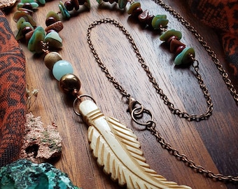 Stone & Bone Feather Necklace, Bone Jewelry, Stone Jewelry, Beaded Jewelry, Beaded Necklace, Bohemian, Gifts for Her, Copper Necklace, Boho
