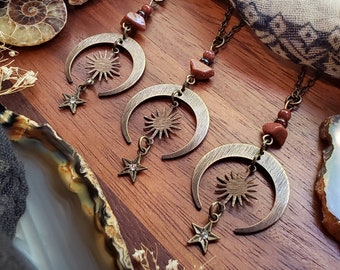 Cosmic Goddess Necklace, Oxidized Jewelry, Coven Jewelry, Witchy Jewelry, Witch Necklace, Brushed Brass, Wiccan Jewelry, Halloween Jewelry