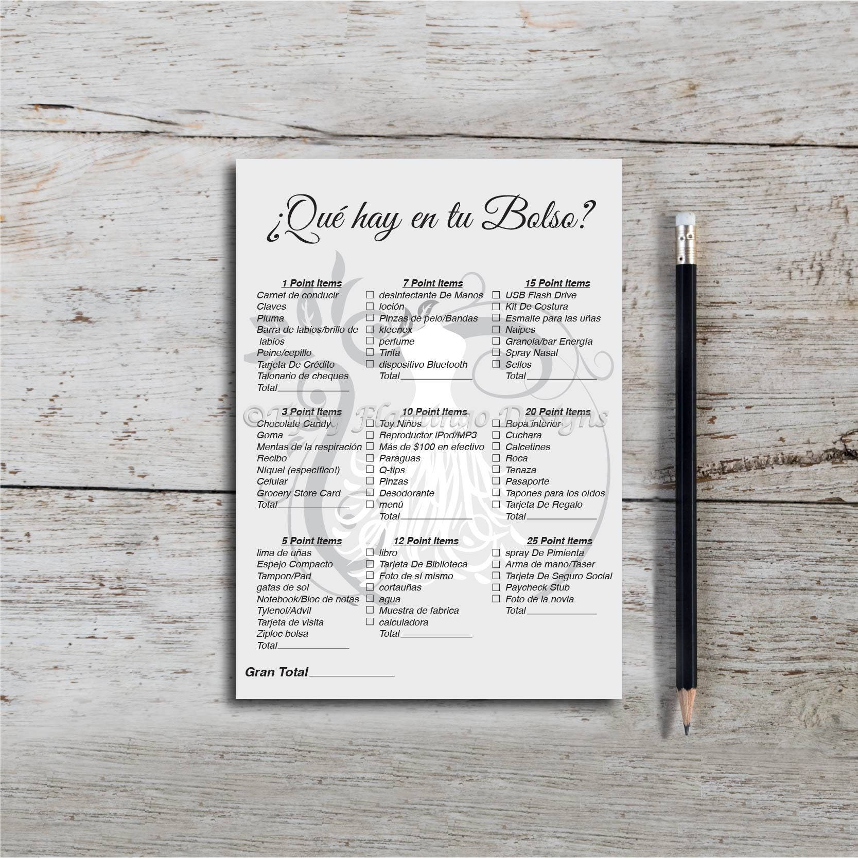 What's in Your Purse SPANISH Bridal Shower Game Purse Etsy