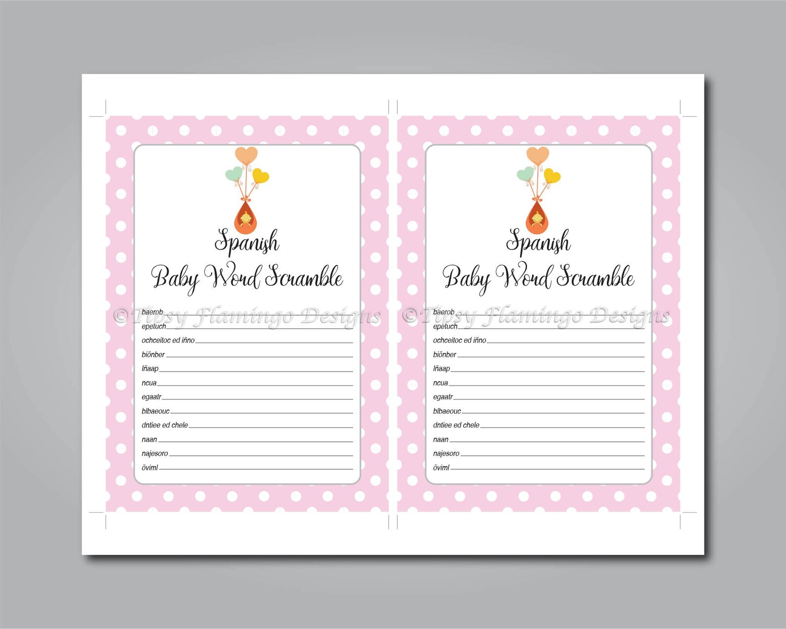 Two Pack Spanish Baby Shower Game Word Scramble Word Etsy