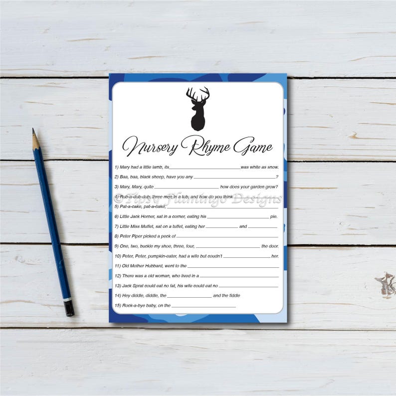 Nursery Rhymes Game Baby Shower Game Shower Game Camo Blue Etsy Nursery Rhymes Game Baby Shower Game Shower Game Camo Blue Etsy