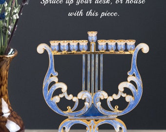 Handmade Blue and Ivory Harp Menorah Candelabra, Embellished w/ Gold Accents and Crystals Jewish Candle Holder Hanukkah Gift