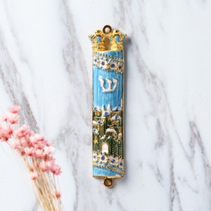Handmade Blue & Green Enamel Mezuzah with Jerusalem City Design with Gold Accents Crystals Jewish Holiday Decor