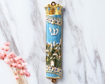 Handmade Blue & Green Enamel Mezuzah with Jerusalem City Design with Gold Accents Crystals Jewish Holiday Decor