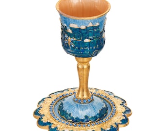 Handmade Enamel Kiddush Cup Set and Tray w Crystals and Jerusalem Cityscape for Weddings Shabbat Passover Goblet Judaica Gift