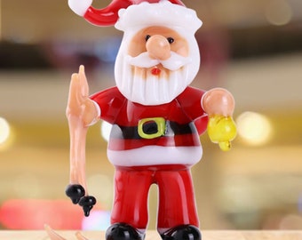 Handmade Murano Christmas Winter Decorative Glass Santa with Skis Figurine, Christmas Gift and Ornament